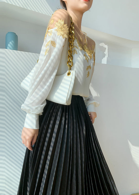 Elegant White O-Neck Embroidered Floral Patchwork Silk Shirt Long Sleeve