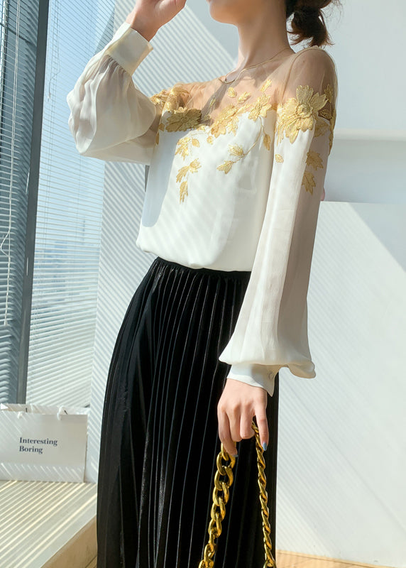 Elegant White O-Neck Embroideried Floral Patchwork Silk Shirt Long Sleeve