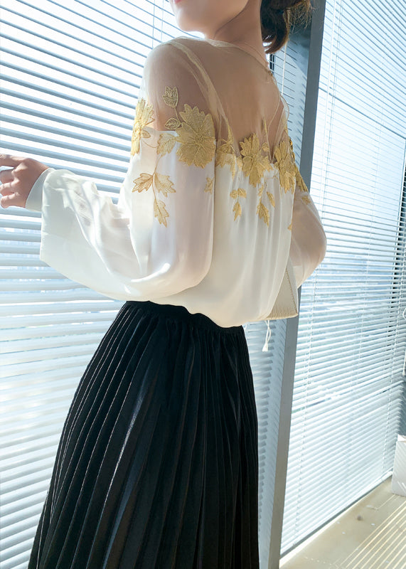 Elegant White O-Neck Embroideried Floral Patchwork Silk Shirt Long Sleeve