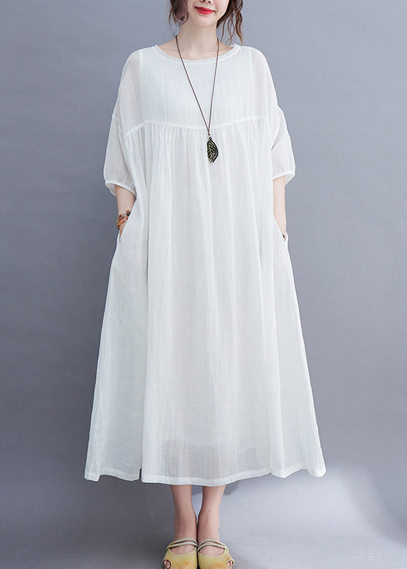 Elegant White O-Neck wrinkled exra large hem Long Dress Half Sleeve