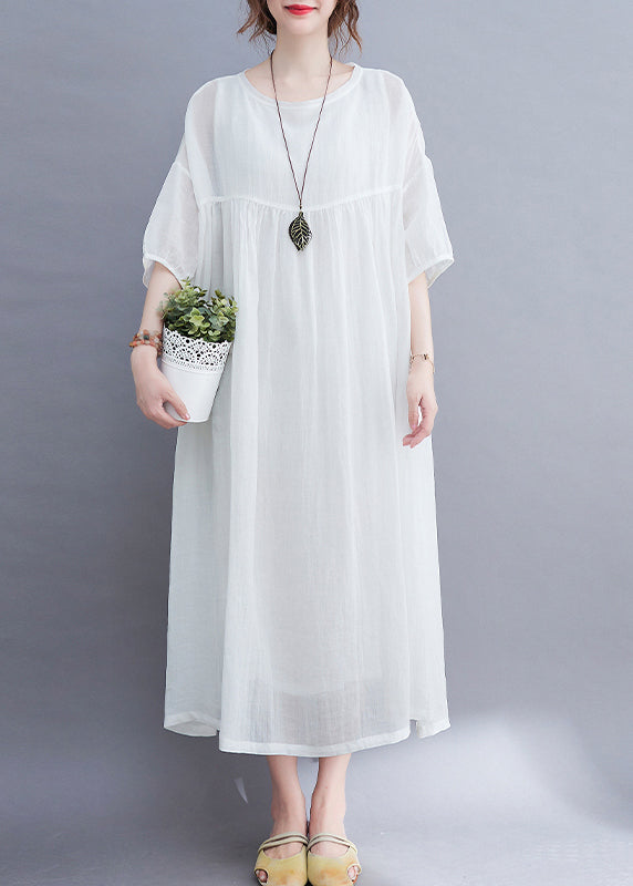 Elegant White O-Neck wrinkled exra large hem Long Dress Half Sleeve