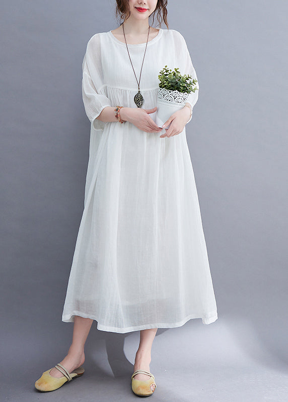 Elegant White O-Neck wrinkled exra large hem Long Dress Half Sleeve