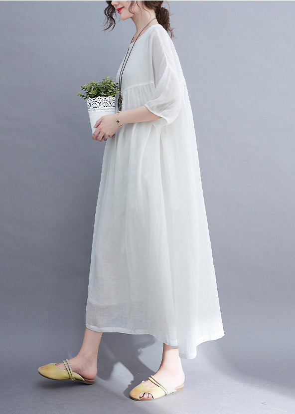 Elegant White O-Neck wrinkled exra large hem Long Dress Half Sleeve