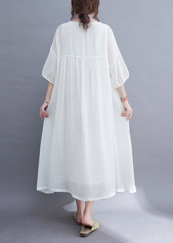 Elegant White O-Neck wrinkled exra large hem Long Dress Half Sleeve