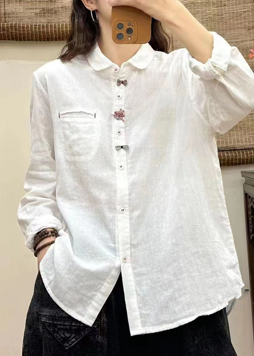 Elegant White Peter Pan Collar Button Bow Shirt Long Sleeve