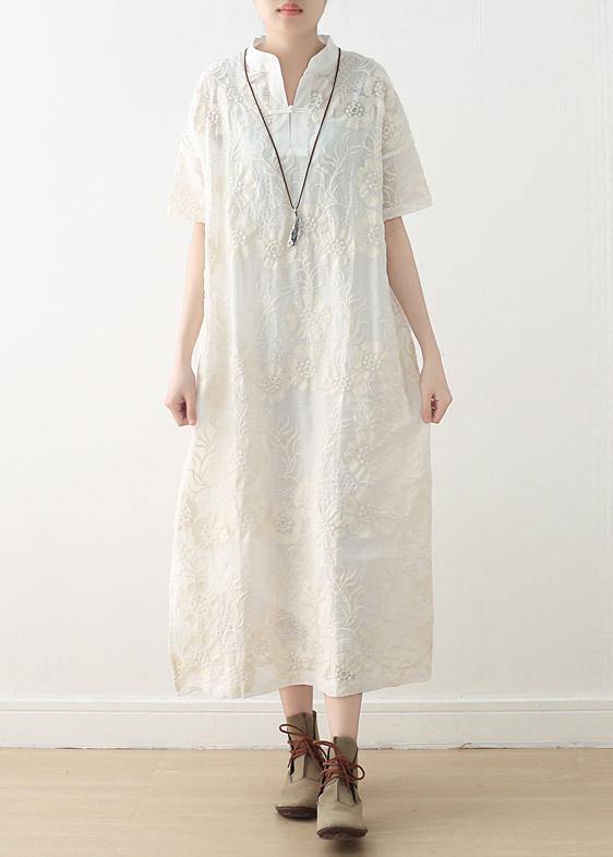 Elegant White Print tie waistside open Maxi Summer Linen Dress - Omychic