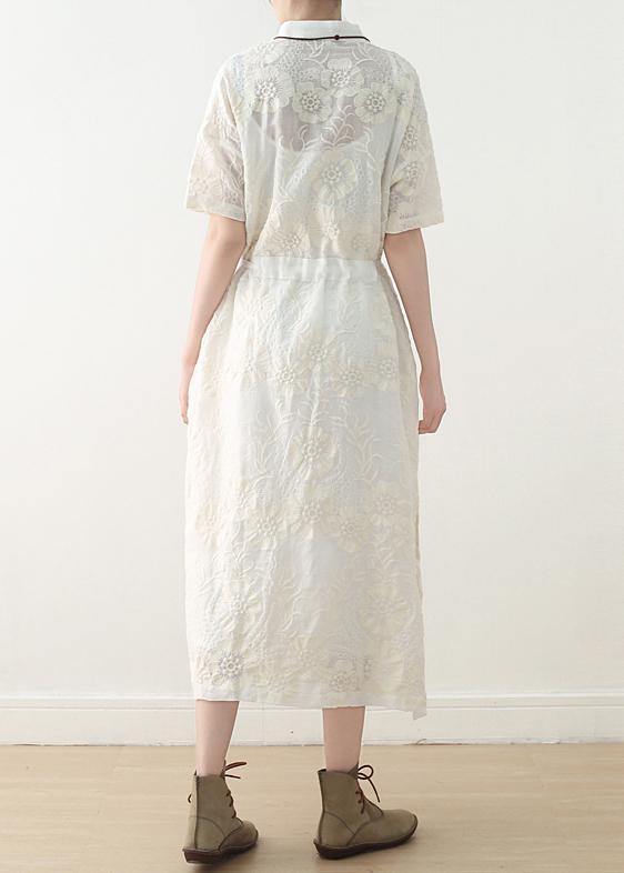 Elegant White Print tie waistside open Maxi Summer Linen Dress - Omychic