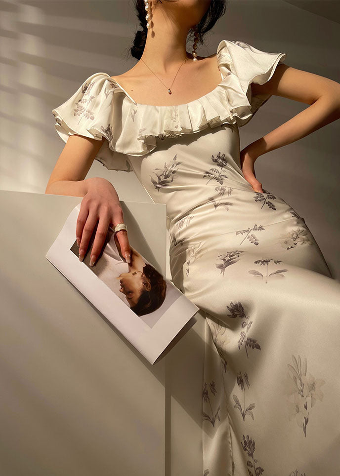 Elegant White Ruffled Cold Shoulder Silk Spaghetti Strap Dress