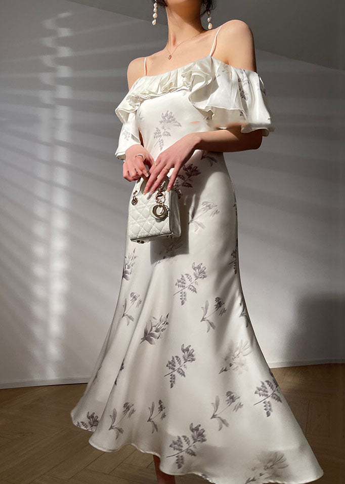 Elegant White Ruffled Cold Shoulder Silk Spaghetti Strap Dress
