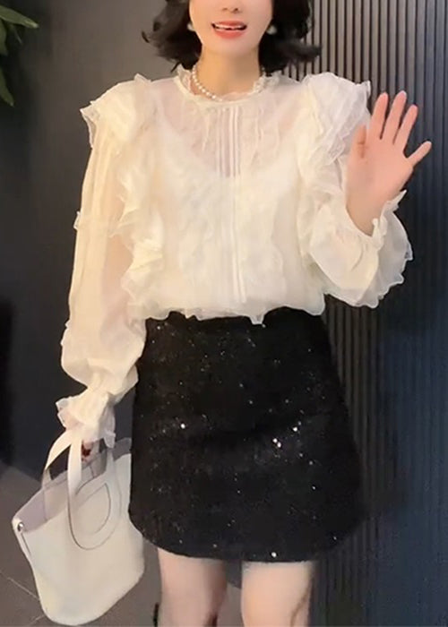 Elegant White Solid Ruffled Lace Shirt Long Sleeve