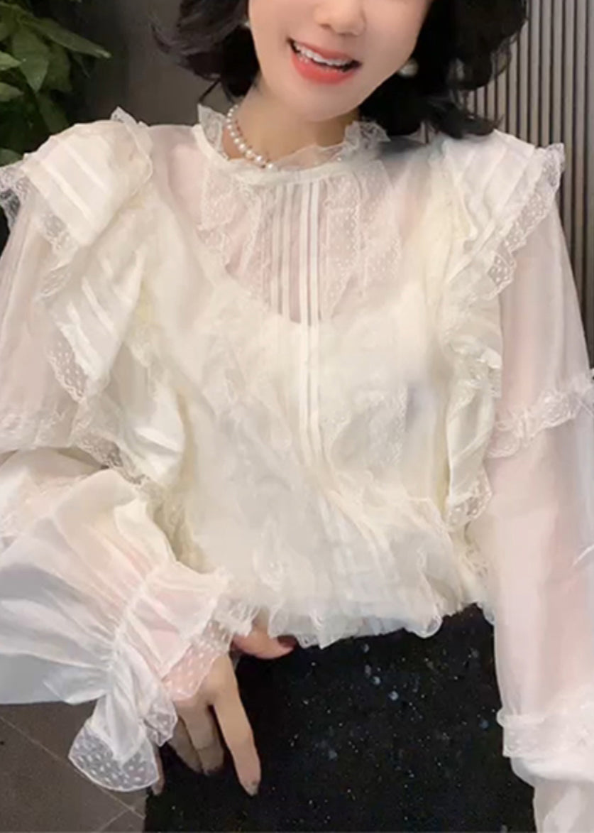Elegant White Solid Ruffled Lace Shirt Long Sleeve