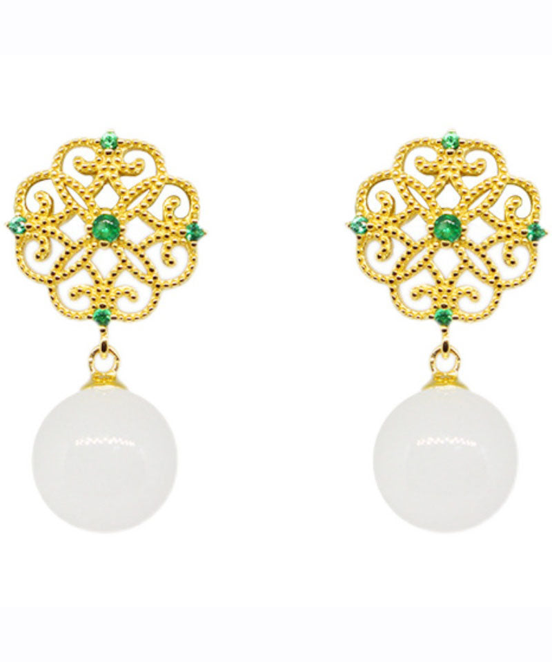 Elegant White Sterling Silver Overgild Jade Clover Hollow Out Drop Earrings