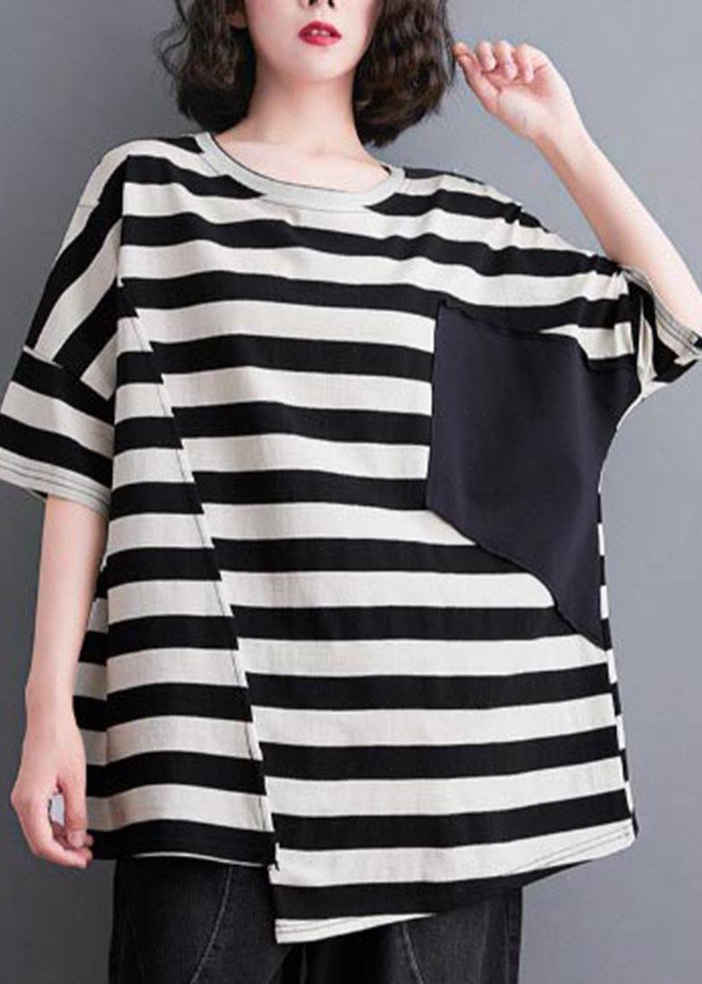 Elegant White Striped Pockets Cotton Top Summer - Omychic