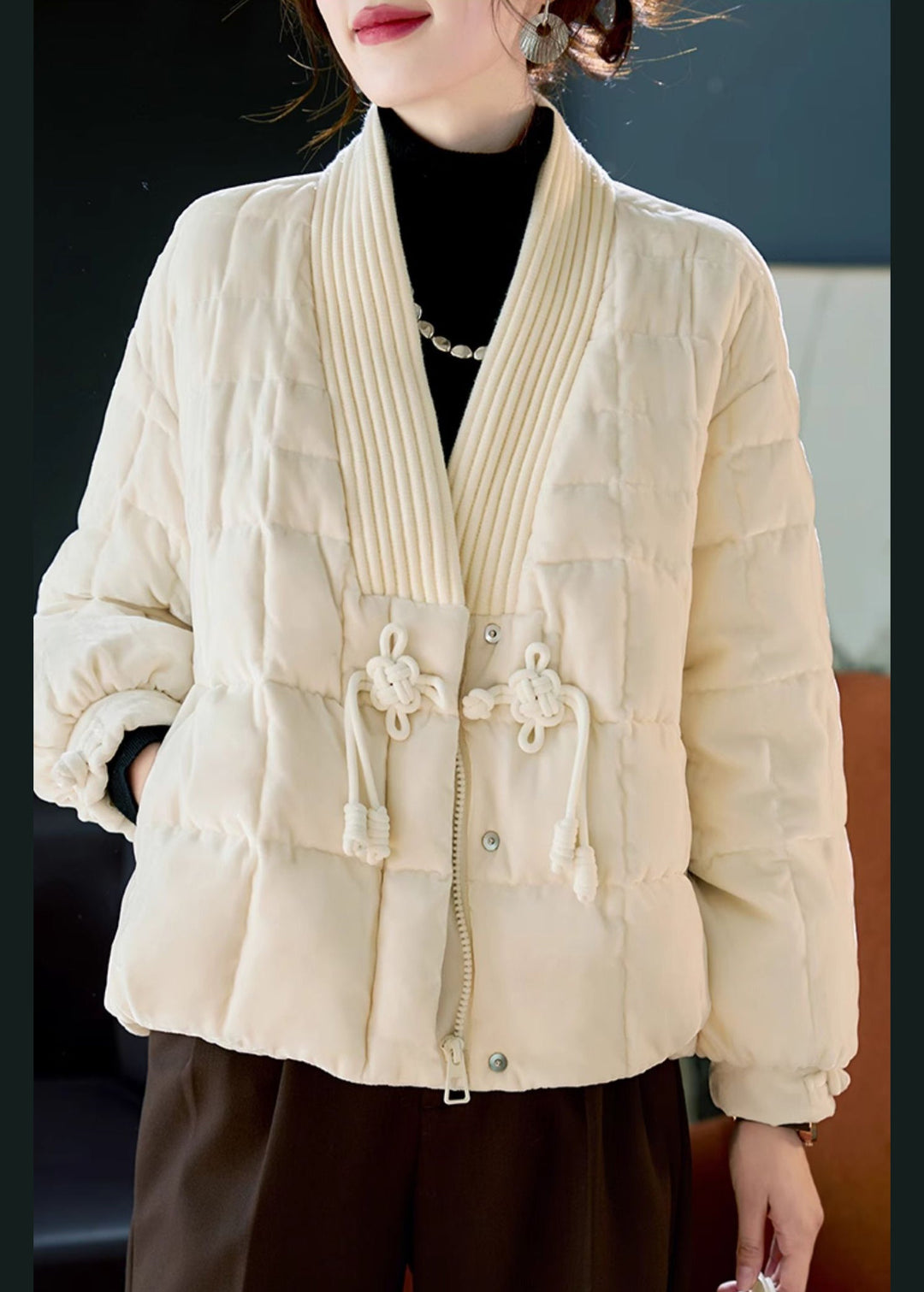 Elegant White V Neck Chinese Button Duck Down Puffers Jackets Winter
