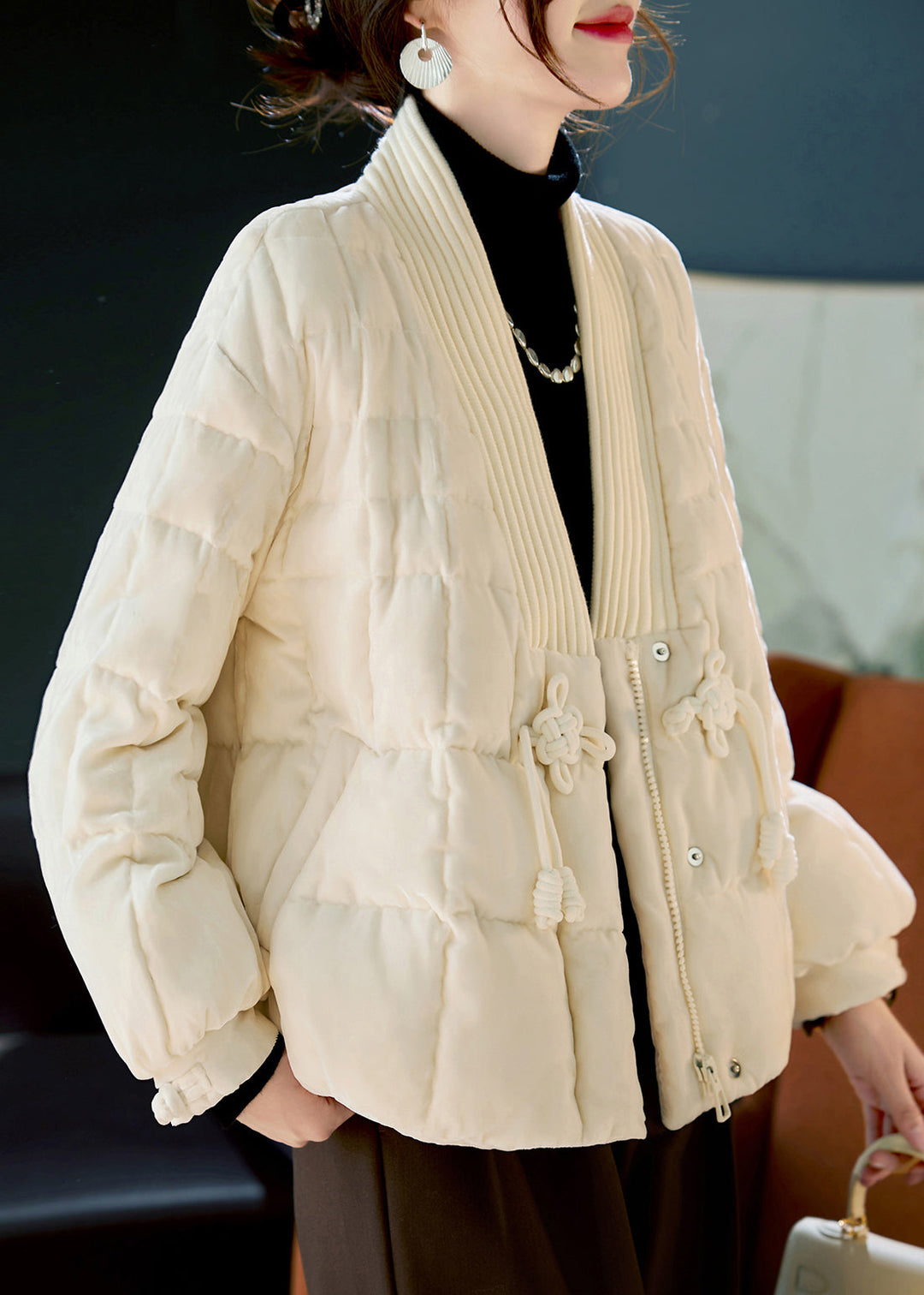 Elegant White V Neck Chinese Button Duck Down Puffers Jackets Winter