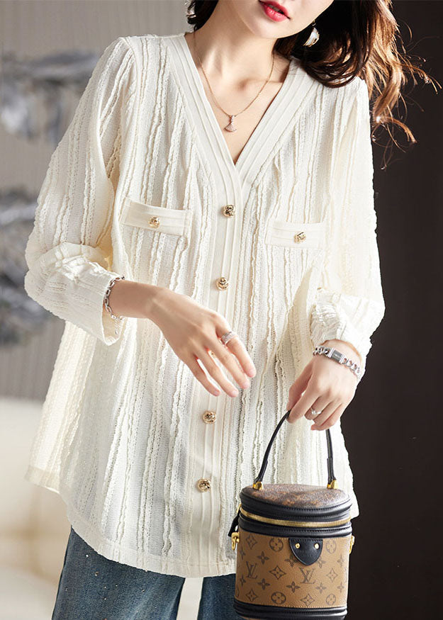 Elegant White V Neck Ruffled Patchwork Lace Top Fall