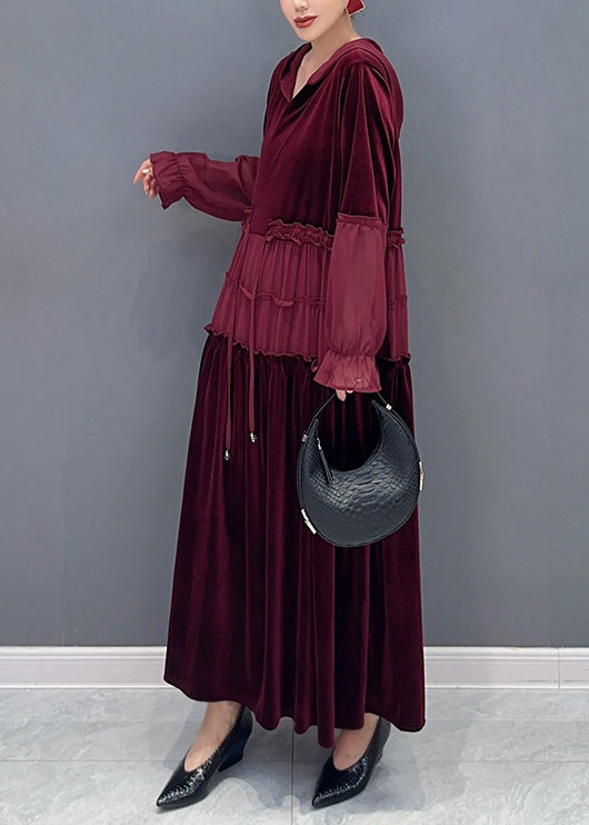 Elegant Wine Red Ruffled Lace Up Patchwork Velour Long Dresses Fall