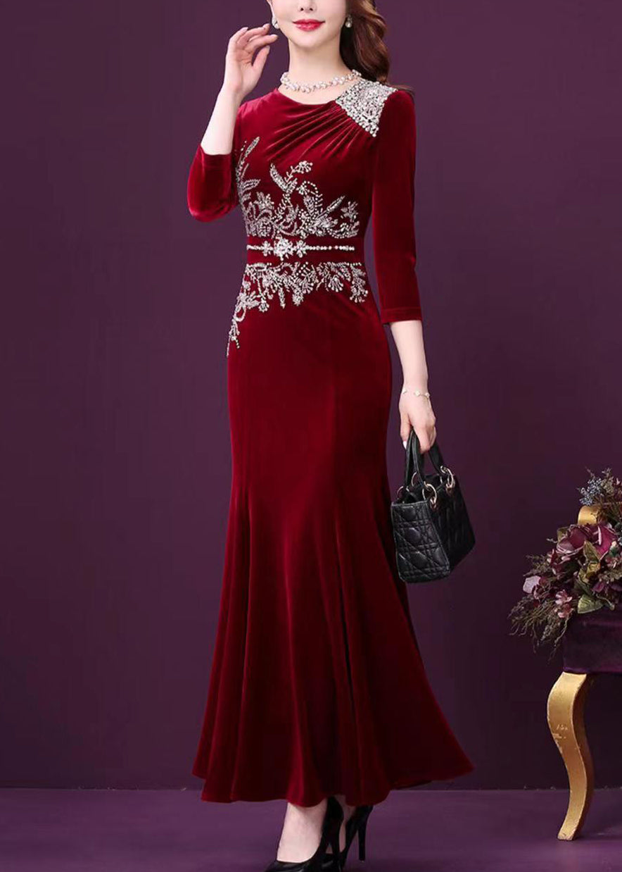 Elegant Wine Red Zircon Patchwork Silk Velour Fishtail Skirt Dress Half Sleeve