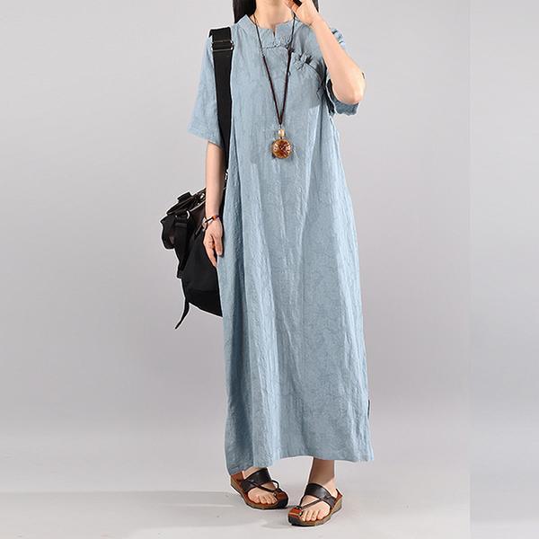 Elegant Women Vintage Cotton Summer light blue Solid Maxi Short Sleeve Dress - Omychic