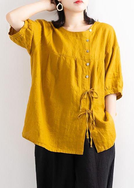 Elegant Yellow Button O-Neck Cotton Linen Summer Top - Omychic