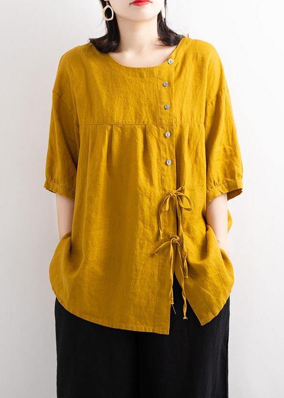 Elegant Yellow Button O-Neck Cotton Linen Summer Top - Omychic