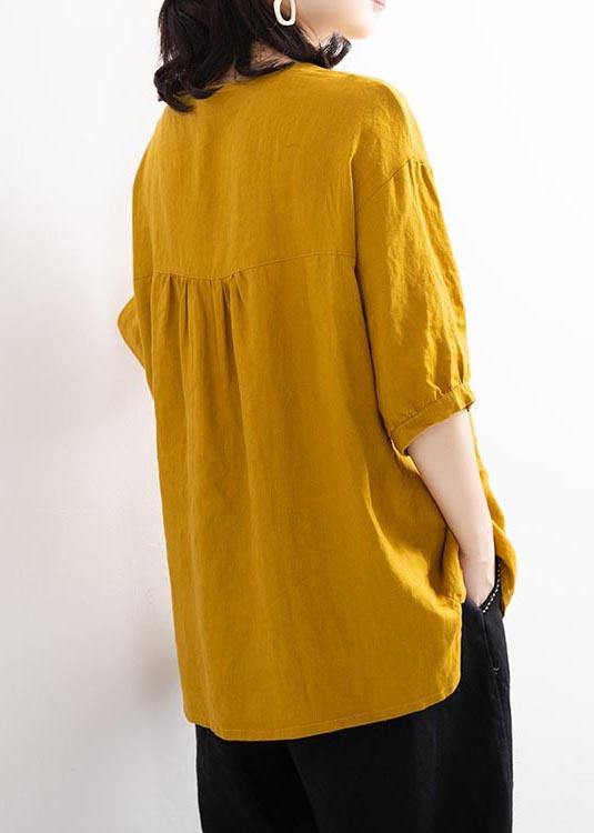 Elegant Yellow Button O-Neck Cotton Linen Summer Top - Omychic