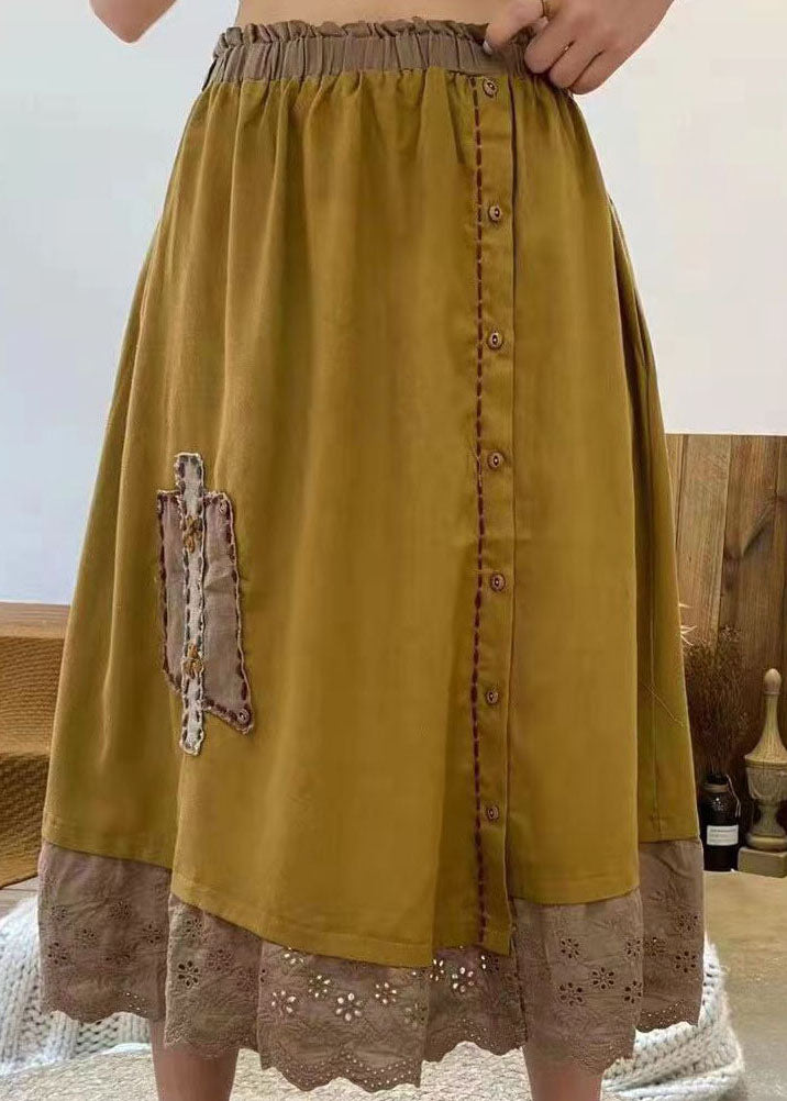 Elegant Yellow Embroidered Hollow Out Cotton Skirt Spring