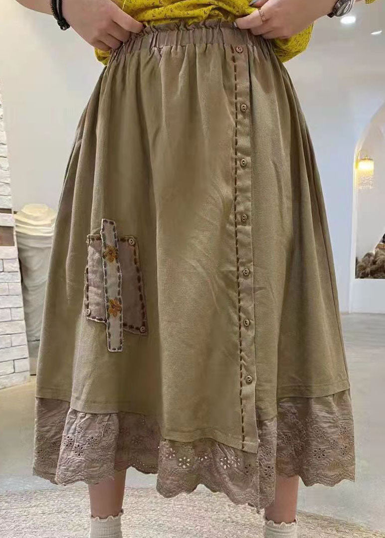 Elegant Yellow Embroidered Hollow Out Cotton Skirt Spring