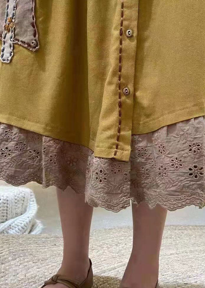 Elegant Yellow Embroidered Hollow Out Cotton Skirt Spring