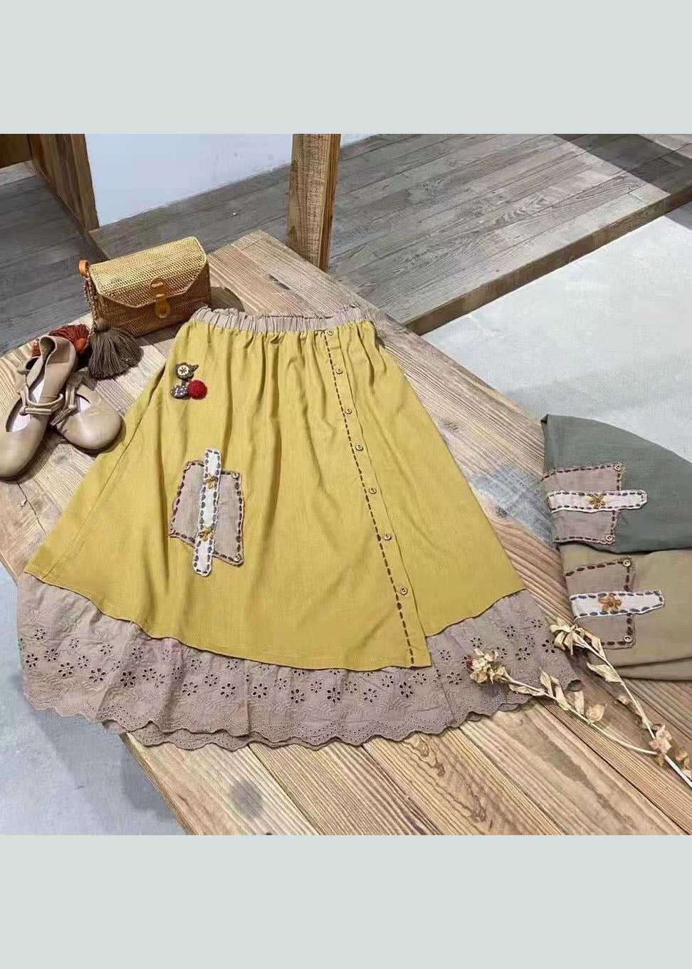 Elegant Yellow Embroideried Hollow Out Cotton Skirt Spring