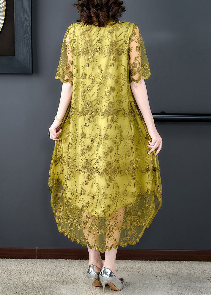 Elegant Yellow Embroideried Pockets Patchwork Tulle Dress Summer