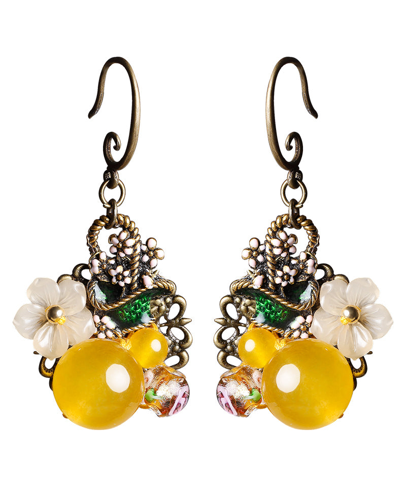 Elegant Yellow Floral Copper Drop Earrings