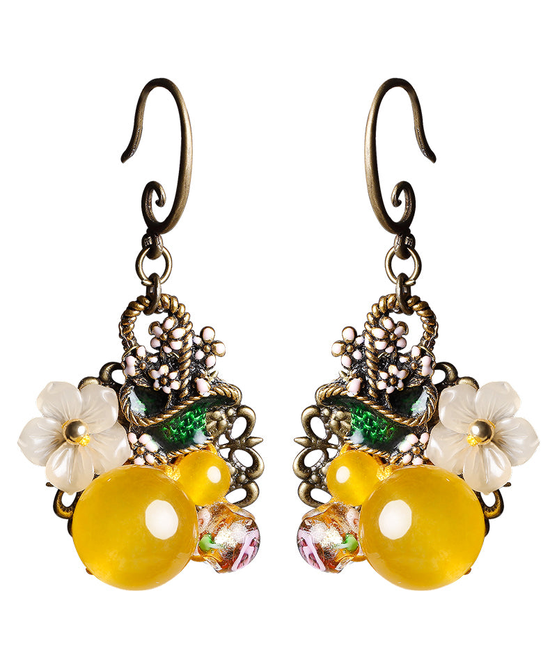 Elegant Yellow Floral Copper Drop Earrings