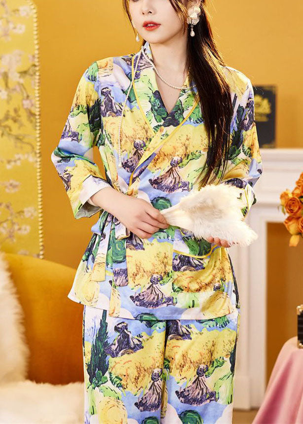 Elegant Yellow Floral Print Tie Waist Ice Silk Pajamas Two-Piece Set Spring