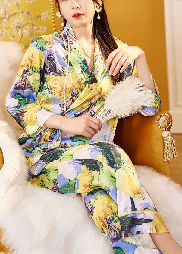 Elegant Yellow Floral Print Tie Waist Ice Silk Pajamas Two-Piece Set Spring