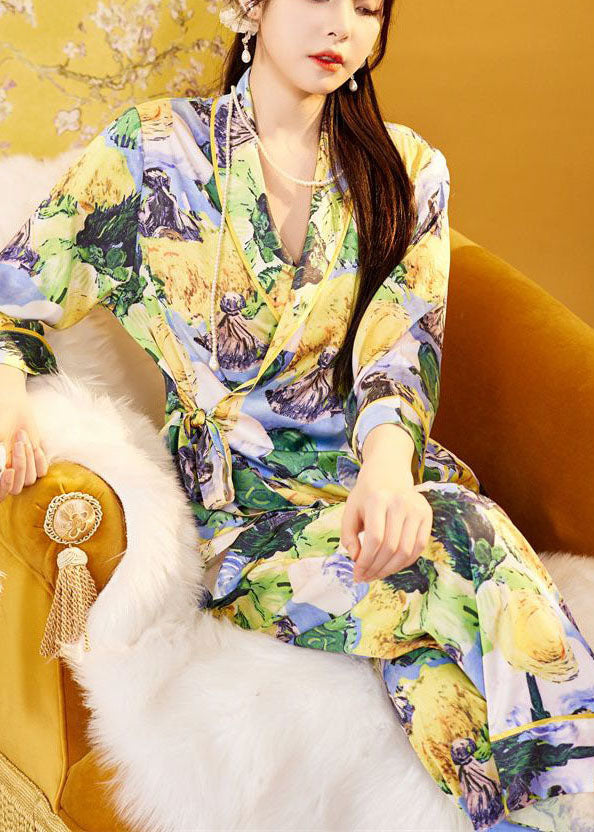 Elegant Yellow Floral Print Tie Waist Ice Silk Pajamas Two-Piece Set Spring