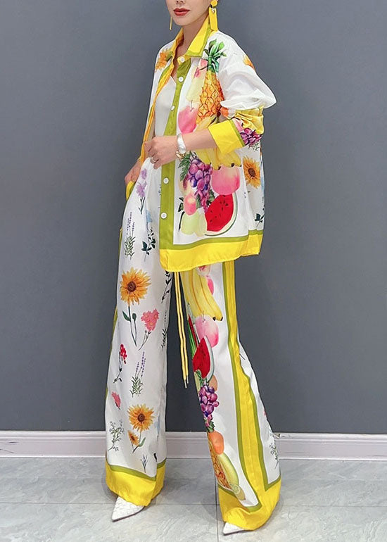 Elegant Yellow Fruit Print Button Shirts And Wide Leg Pants Two Piece Set Fall