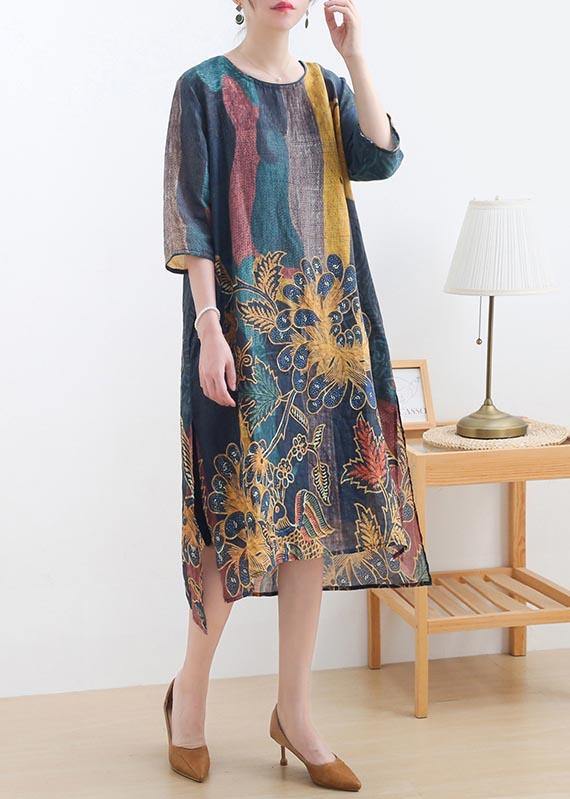 Elegant Yellow Green Print Linen O-Neck Summer Maxi Dresses - Omychic