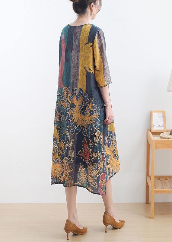 Elegant Yellow Green Print Linen O-Neck Summer Maxi Dresses - Omychic