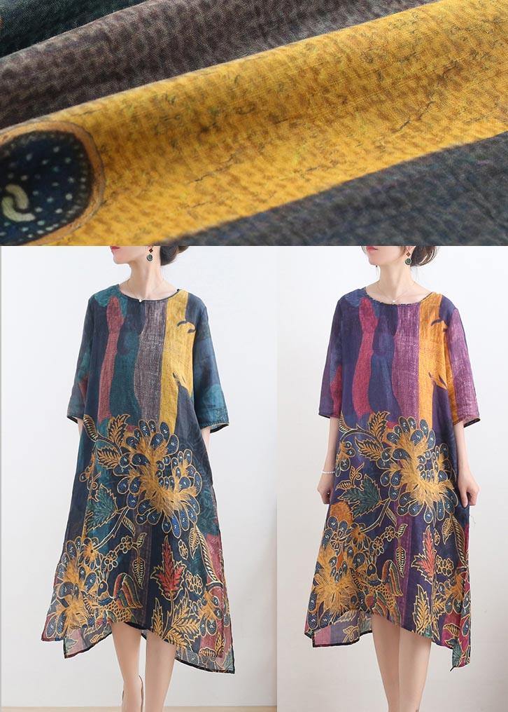 Elegant Yellow Green Print Linen O-Neck Summer Maxi Dresses - Omychic