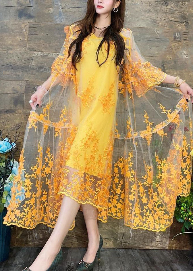 Elegant Yellow Hooded Embroideried Patchwork Tulle Two Pieces Set Summer