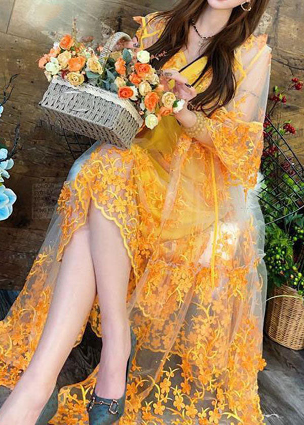 Elegant Yellow Hooded Embroideried Patchwork Tulle Two Pieces Set Summer
