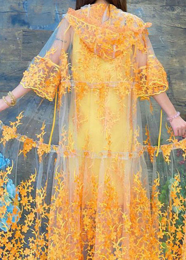 Elegant Yellow Hooded Embroideried Patchwork Tulle Two Pieces Set Summer