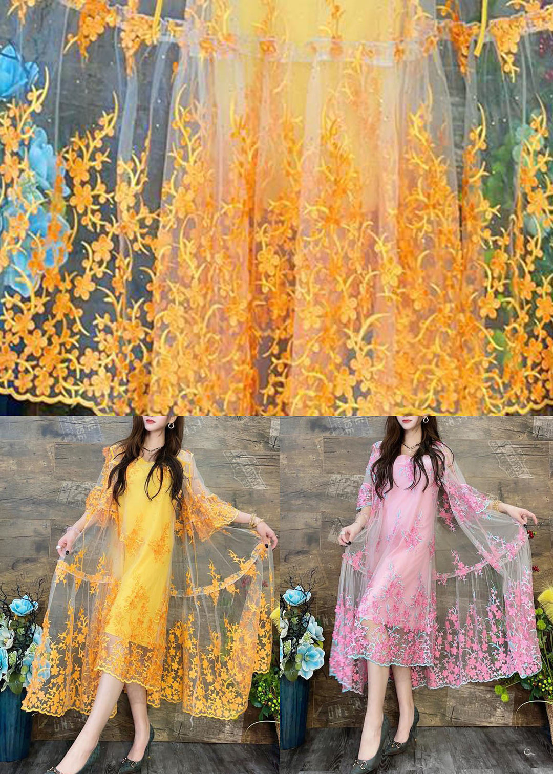 Elegant Yellow Hooded Embroideried Patchwork Tulle Two Pieces Set Summer