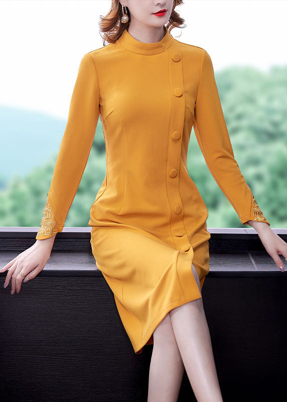 Elegant Yellow O-Neck Embroideried Button Maxi Dress Fall