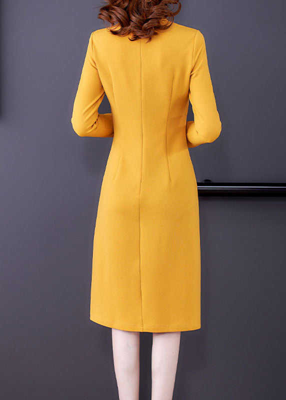 Elegant Yellow O-Neck Embroideried Button Maxi Dress Fall