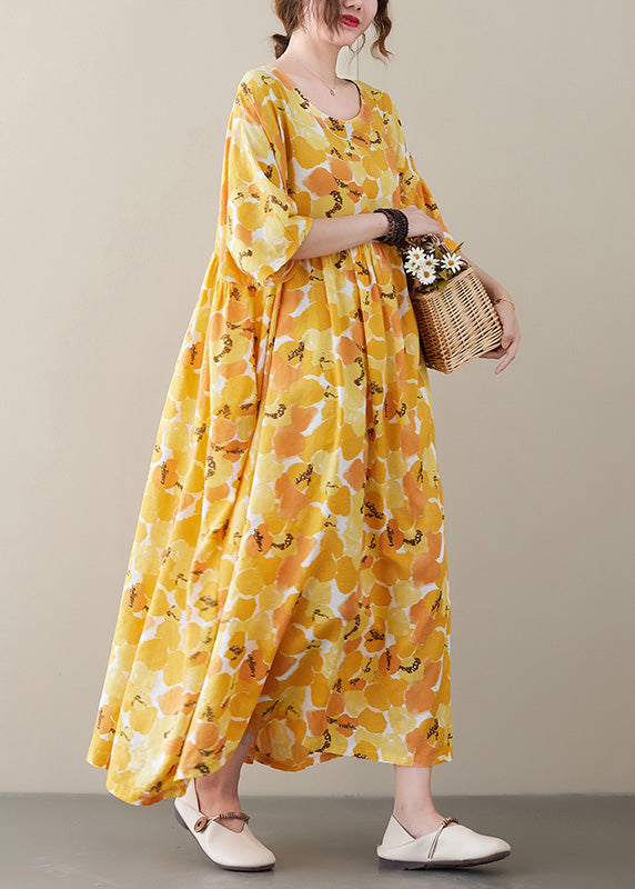Elegant Yellow O-Neck Patchwork Cozy Long Dresses Short Sleeve