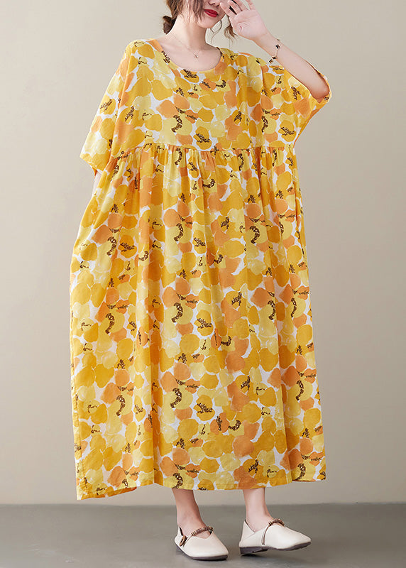 Elegant Yellow O-Neck Patchwork Cozy Long Dresses Short Sleeve