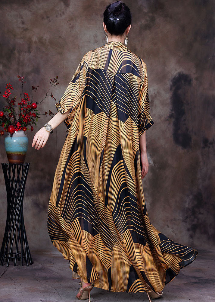 Elegant Yellow Peter Pan Collar Wrinkled Striped Print Chiffon Long Shirt Half Sleeve