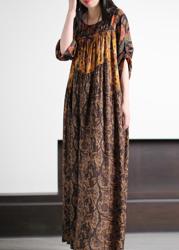 Elegant Yellow Print Wrinkled Silk Long Dress Summer